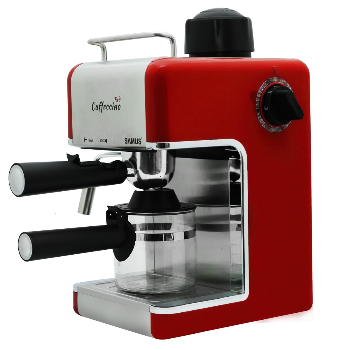 Espressor Samus Caffeccino Red, 3.5 bari, Rezervor 0.24 L, Capacitate 4 ceşti, Filtru inox, Duză cappuccino, Carafă gradată, Rosu/Inox